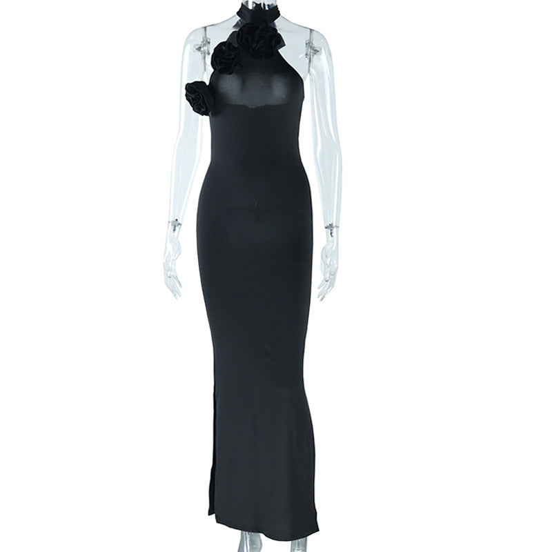 Halter Neck Rosette Applique Sleeveless Bodycon Maxi Dress