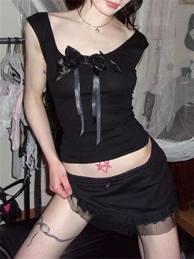 Mesh Lace Bow Strap Backless Cami Top