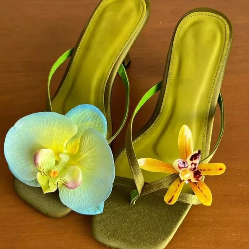 Sweet Summer Bright Color Asymmetrical Flower Decoration Sandals Silk Clip Thin Heel Flip Flops Casual Beach Vacation High Heel