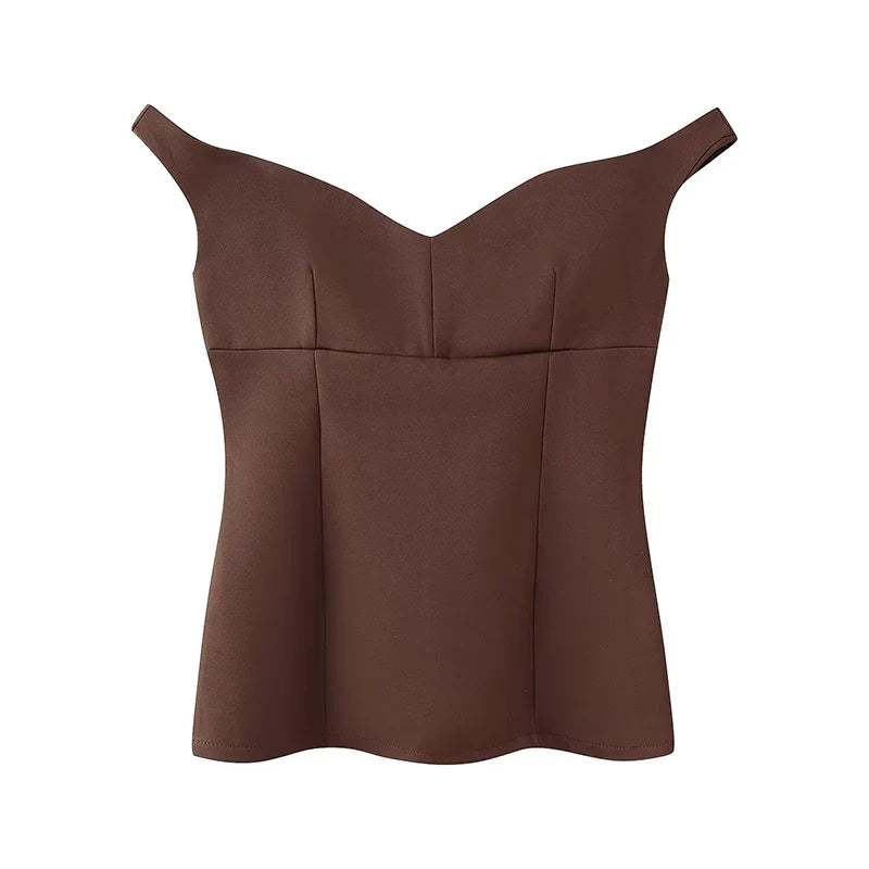 Women's Suit Solid Off Shoulder Backless Waist Cinching Sleeveless Top Straight Trousers Female 2 Pieces Summer Matching Sets