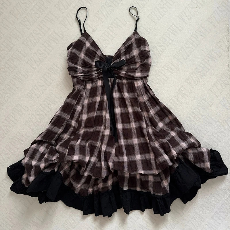 Women's suspender V-neck dress retro plaid pattern 2000s Harajuku street hip-hop casual versatile cute Y2K emo girls slim dress