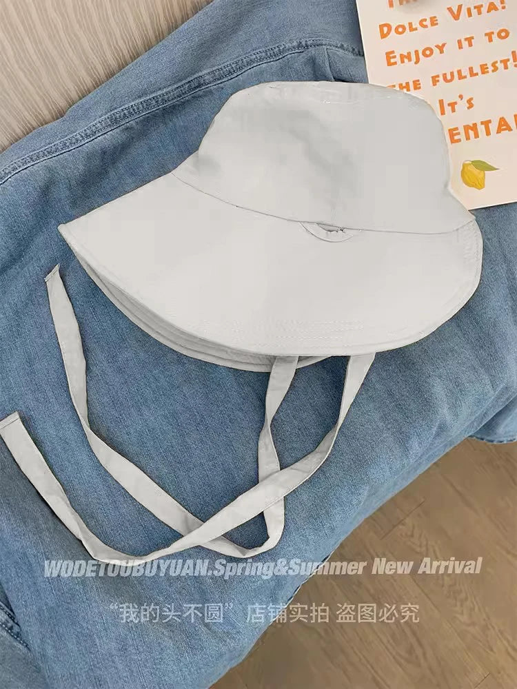Korean Retro Red Strap Bucket Hats Summer Travel Versatile Sunscreen Show Face Small Sweet Beautiful Women's Caps