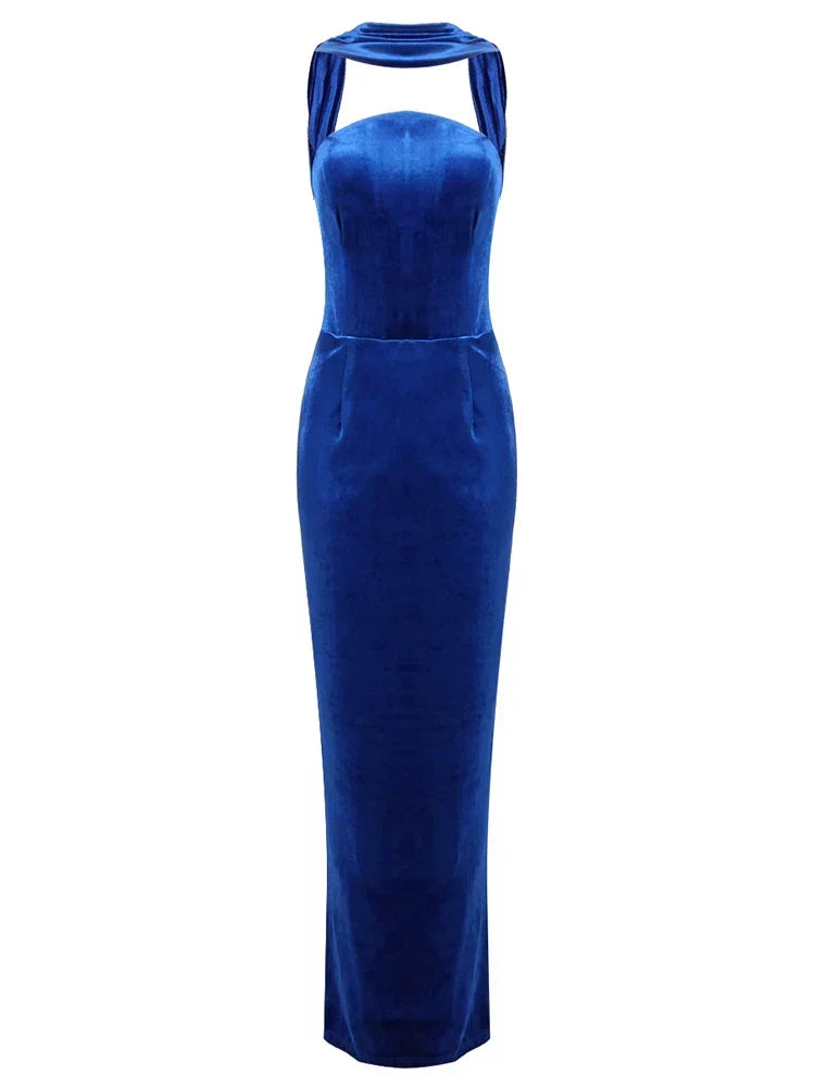 Velvet Halter Collar Strapless Bodycon Maxi Gown