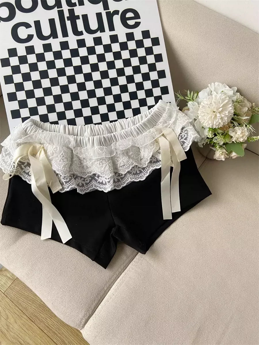 Lace Patchwork Black Shorts Women Bow Elastic Waist Sexy Girl Tight Short Pants Summer Ballet Style Chic Kawaii Clothes