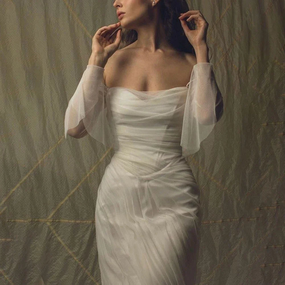 Simple Chiffon Mermaid Wedding Dresses Off-Shoulder Illusion Elegant Birthday Evening Party Dresses Ethereal Fairy Bridal Gown