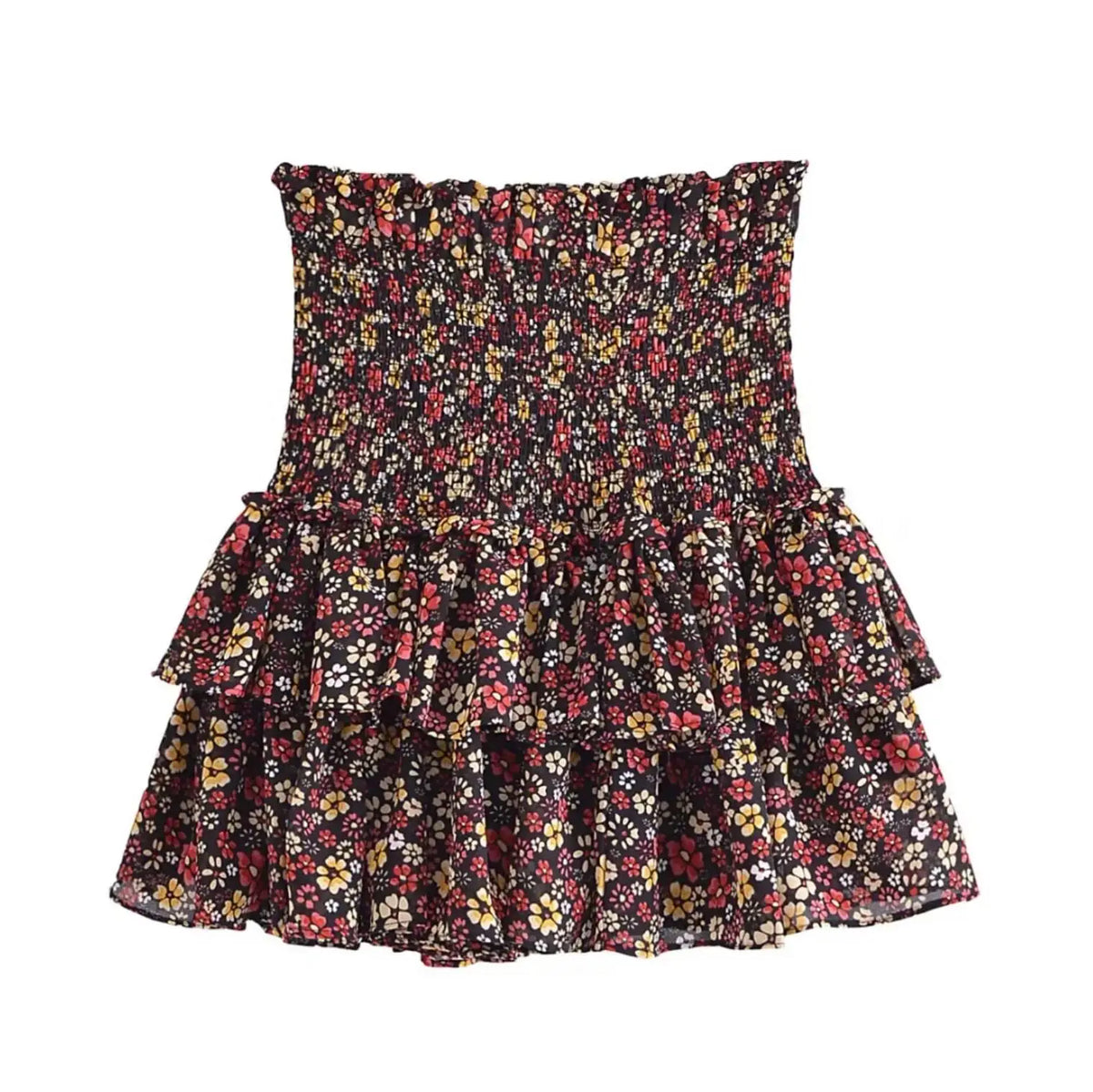 Women Cake Skirts jupe Summer Orange Flower Elastic Waist Ruched Package Hips Wood ears Ruffles Hem Mini Skirt