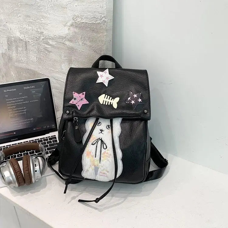 Soft Leather Star Y2K Academy Style Spicy Girl Backpack Fashion Causal PU Black Backpacks