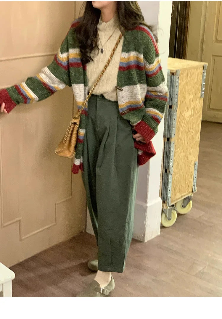 Striped Sweater Jacket Autumn New Style Loose Slimming Contrasting Long Sleeved Knitted Sweater