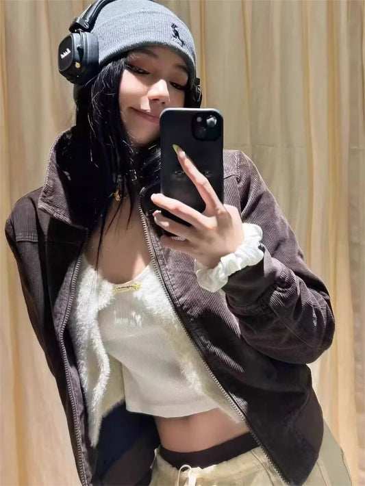 Casual Women Jacket Autumn Fashion Ladies Vintage Brown Corduroy Short Comfortable Zipper Jacket For Women's Chic Tops