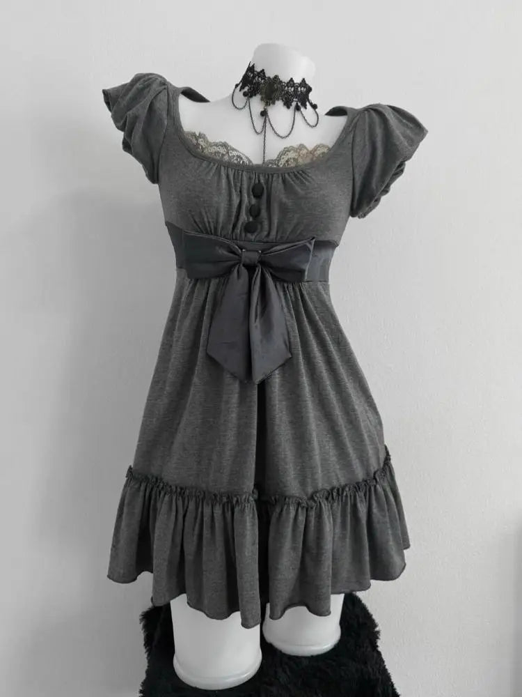 Gray Retro Vintage Square Neck Bow A Word Skirt Vintage Dress Short Skirt