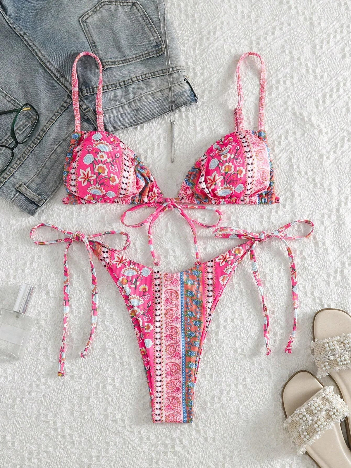New Floral Print String Bandage Bikinis Triangle Cup Push Up Swimsuit Women Bathing Suit Beachwear Halter Swimwear XS