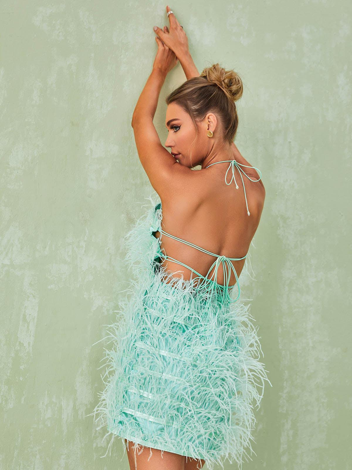 Halter Neck Tiered Ostrich Feather Fringe Bodycon Mini Dress
