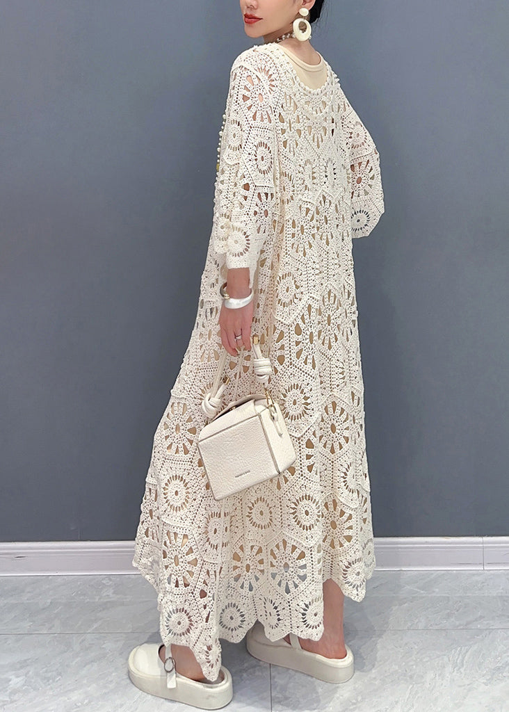 Deep V-Neck Crochet Sunburst Motif Flutter Sleeve Scalloped Hem Maxi Dress