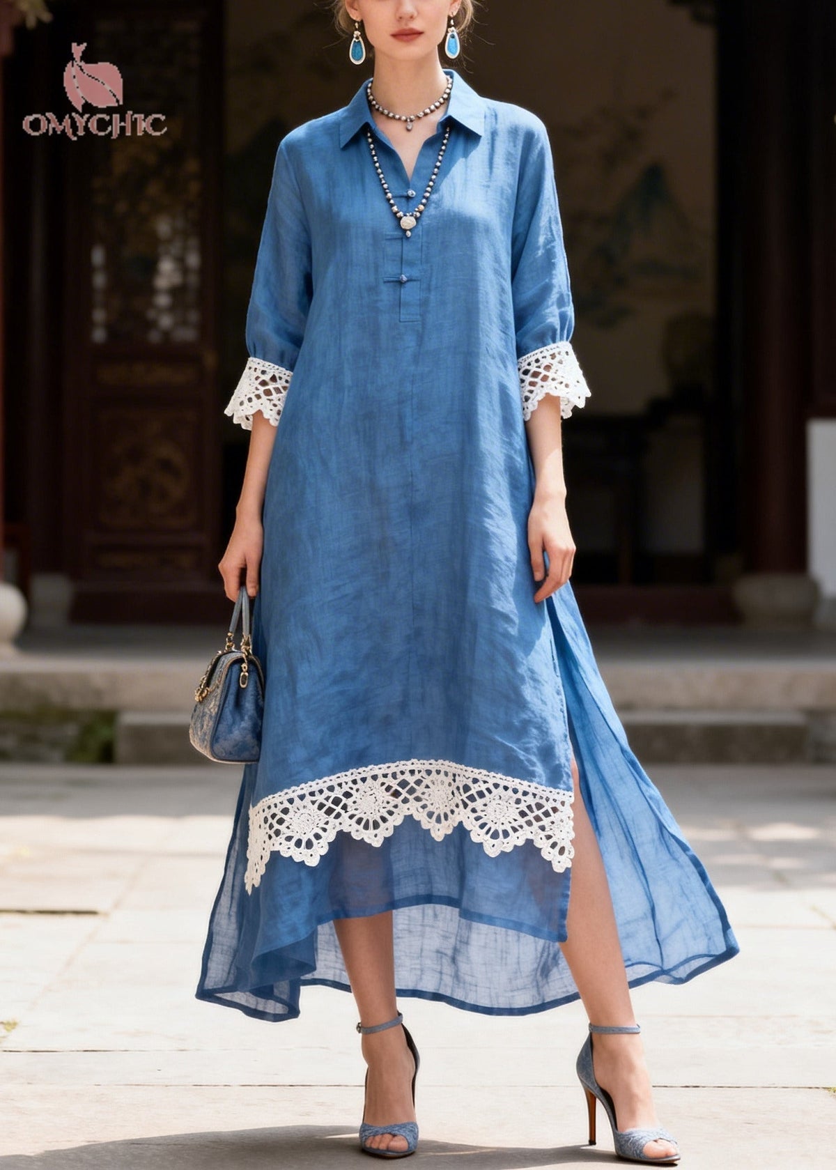 Collared Crochet Lace Cuff High Low Side Slit Linen Maxi Shirt Dress