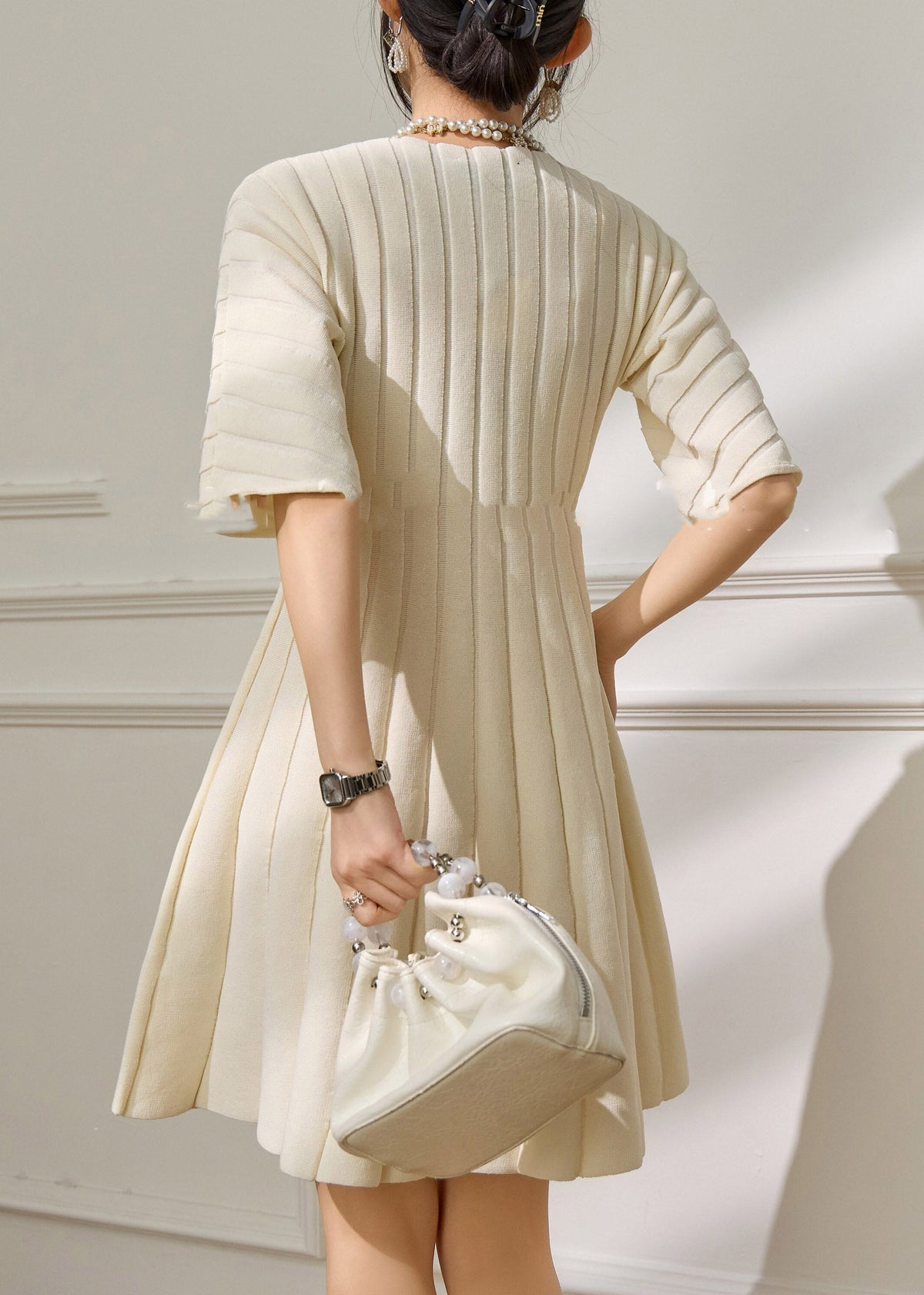 Mock Neck Rib Knit Half Sleeve Accordion Pleat Mini Dress