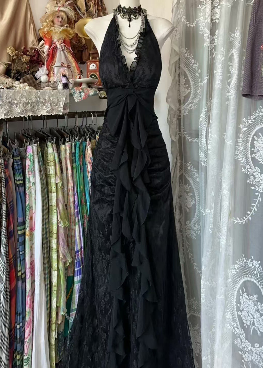 Halter V-Neck Ruched Bodice Center Cascade Ruffle Lace Maxi Gown