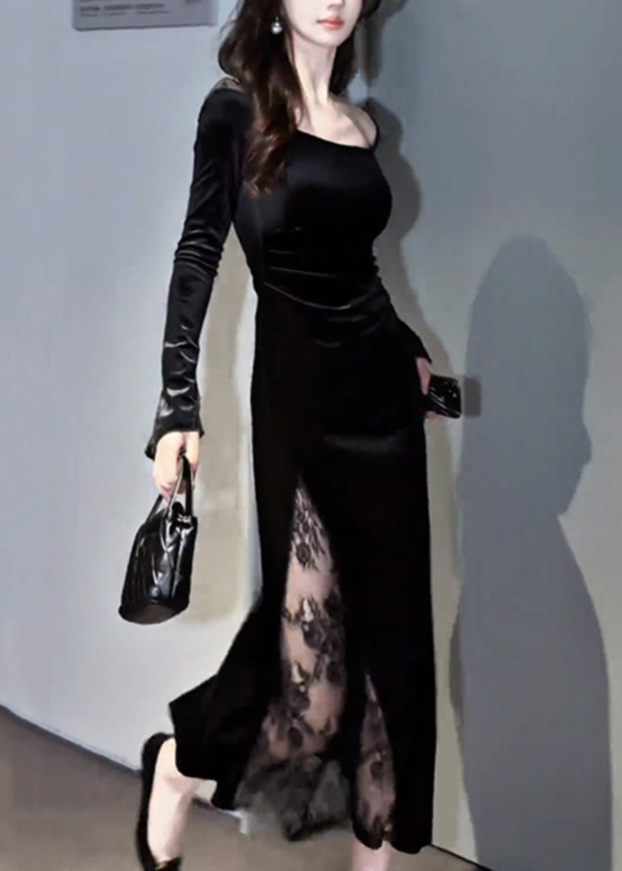 Square Neck Long Sleeve Velvet Lace Panel High-Slit Maxi Dress