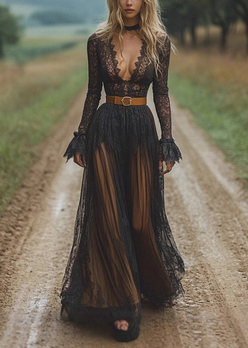 Deep V-Neck Lace Bodice Pleated Chiffon Lace Panel Maxi Dress