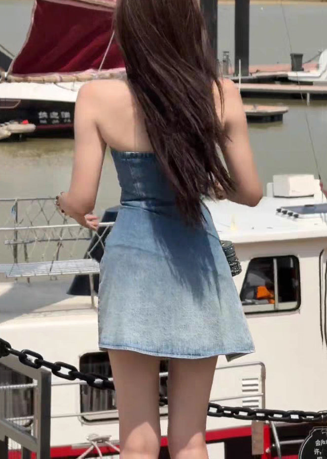 Halter Spaghetti Strap Ruched Asymmetric Hem Denim Mini Dress