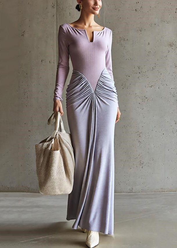 Notched Scoop Neck Long Sleeve Ribbed Bodice Ruched Draped Maxi Dress