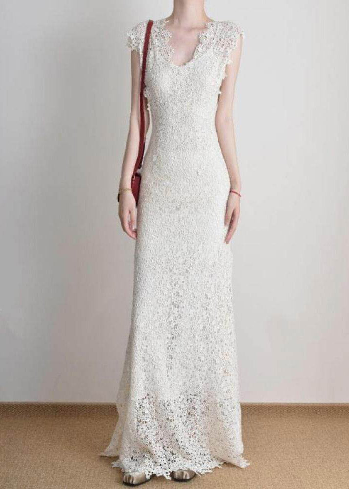 Deep V-Neck Cap Sleeve All-Over Lace Scalloped Hem Maxi Dress