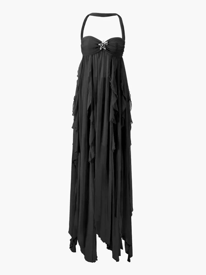 Strapless Empire Waist Star Brooch Cascading Ruffle Choker Detail Maxi Dress