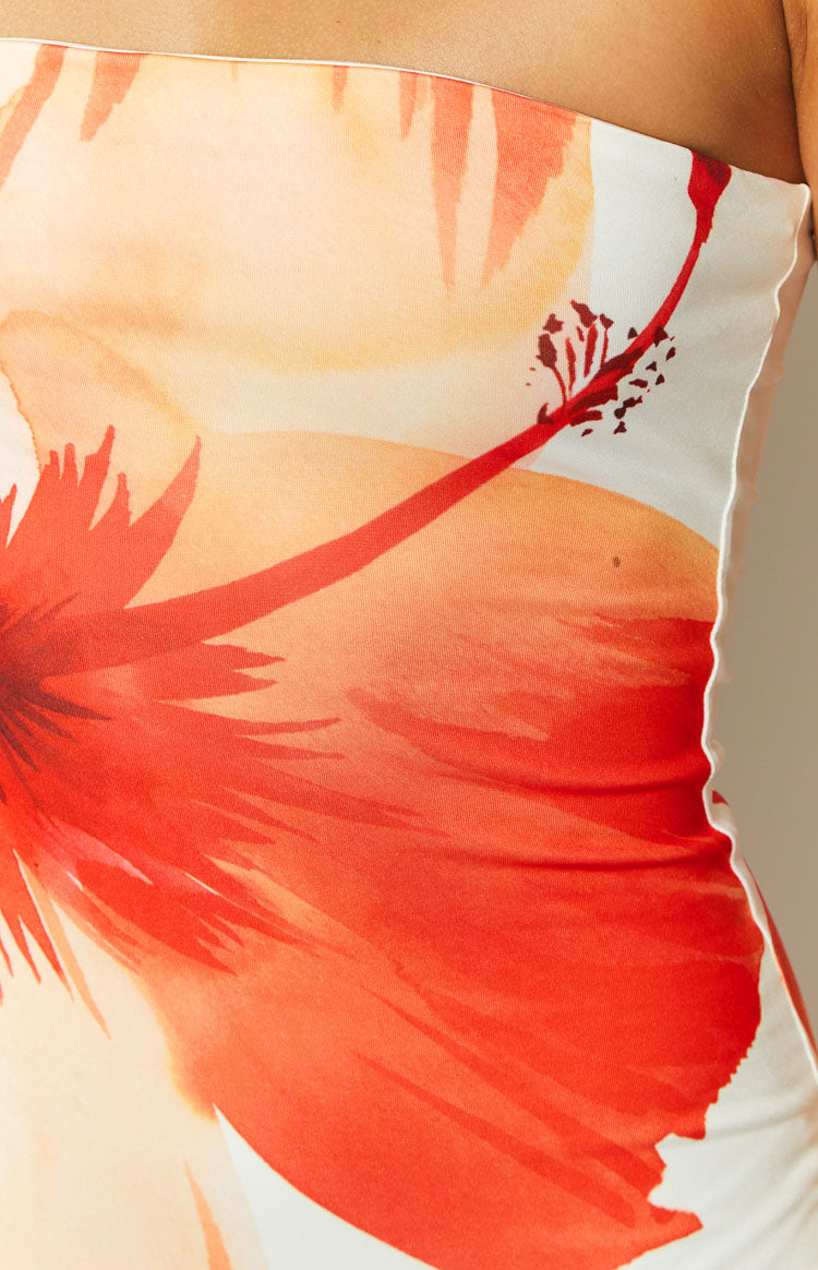 Hibiscus Floral Print Strapless Tube Bodycon Maxi Dress