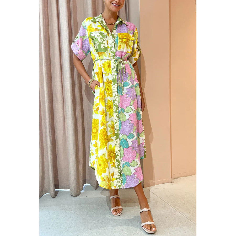 Patchwork Floral Print Collared Short Sleeve Tie-Waist Pocket Midi Shirt Dress