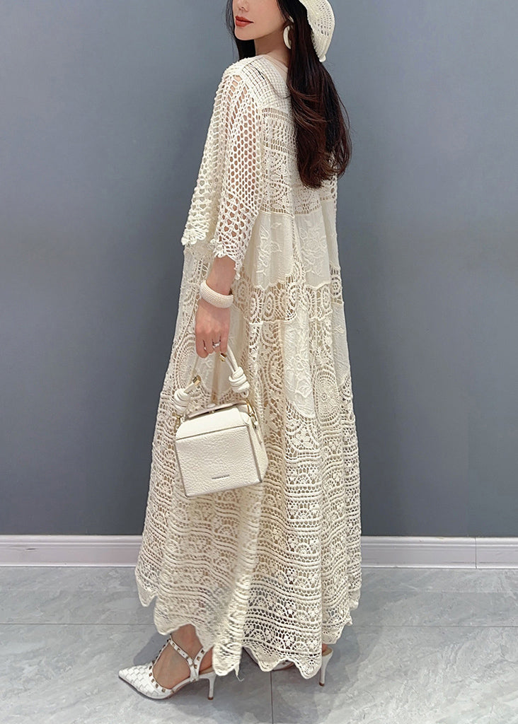 Scoop Neck Crochet Lace Panel Flutter Sleeve Scalloped Hem Maxi Kaftan Dress