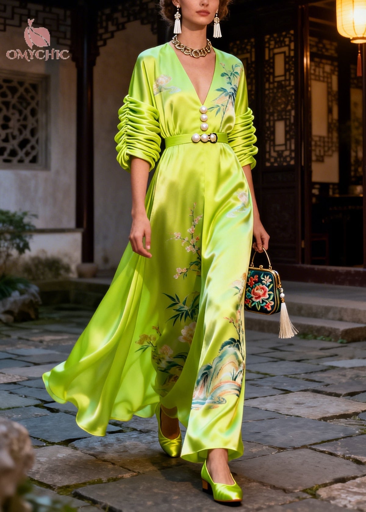 Deep V-Neck Pearl Button Ruched Sleeve Bamboo Landscape Print Satin Maxi Dress