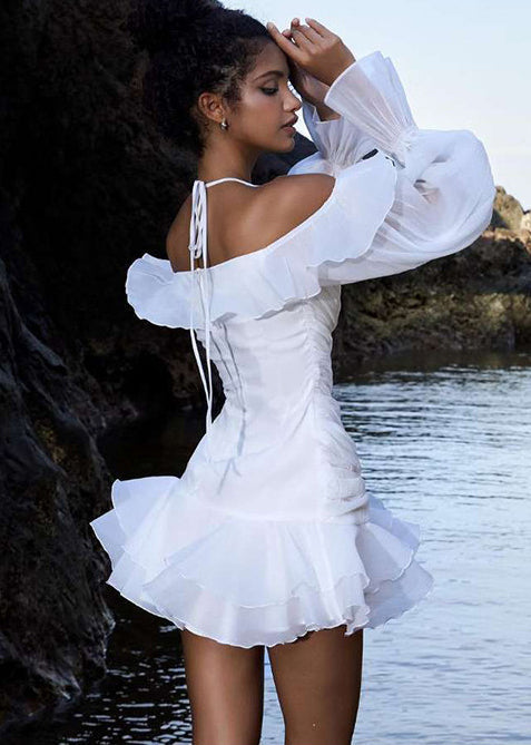 Halter Ruffle Off-Shoulder Balloon Sleeve Ruched Tiered Mini Dress