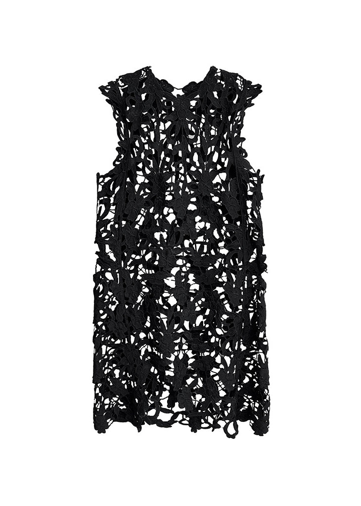 Round Neck Floral Cutout Lace Asymmetrical Hem Sleeveless Longline Dress