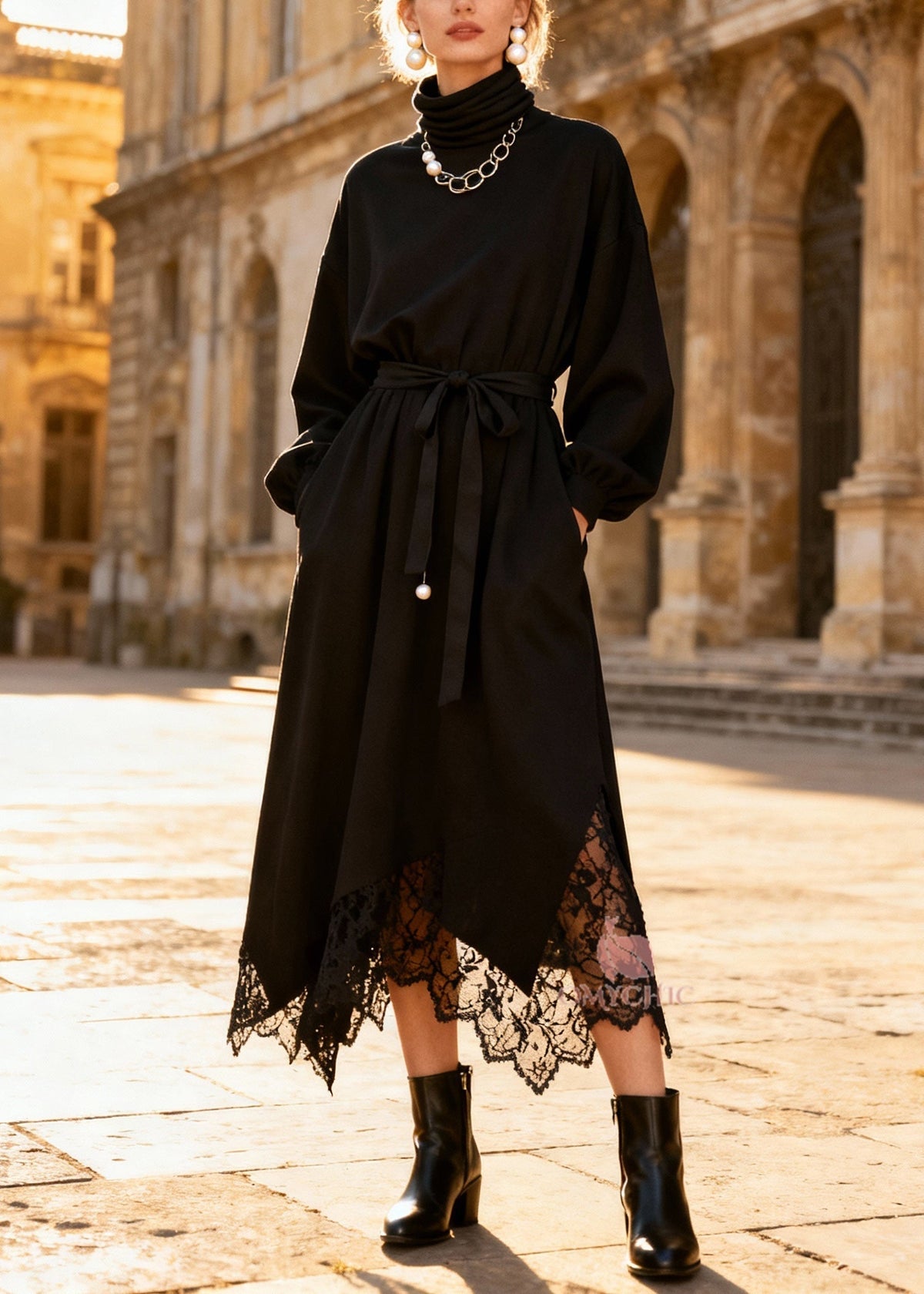 Turtleneck Balloon Sleeve Sash Tie Lace Trim Handkerchief Hem Midi Dress