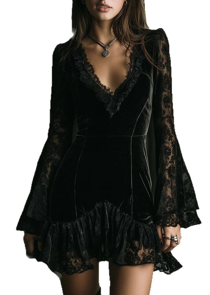 Deep V-Neck Lace Bell Sleeve Tiered Ruffle Velvet Mini Dress