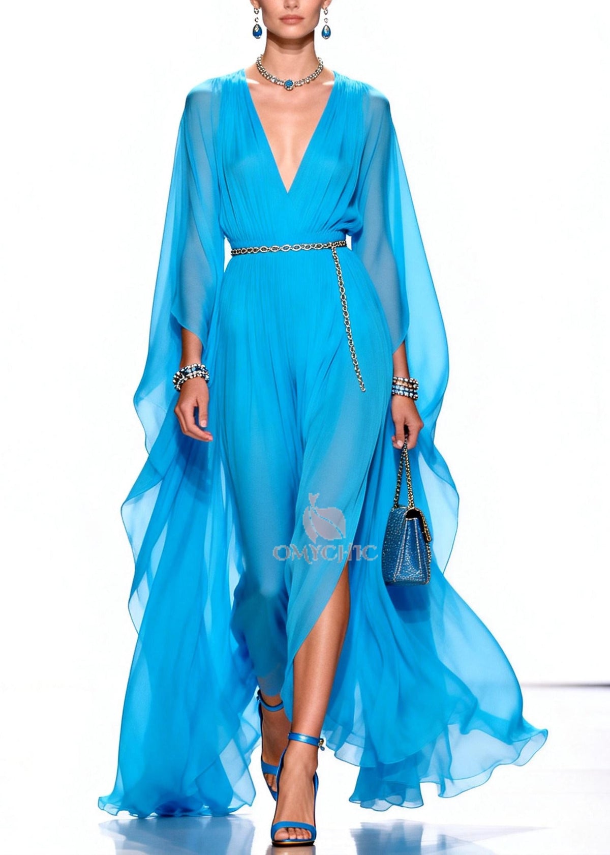 Deep V-Neck Cape Sleeve Chain Belt High-Slit Wide-Leg Jumpsuit
