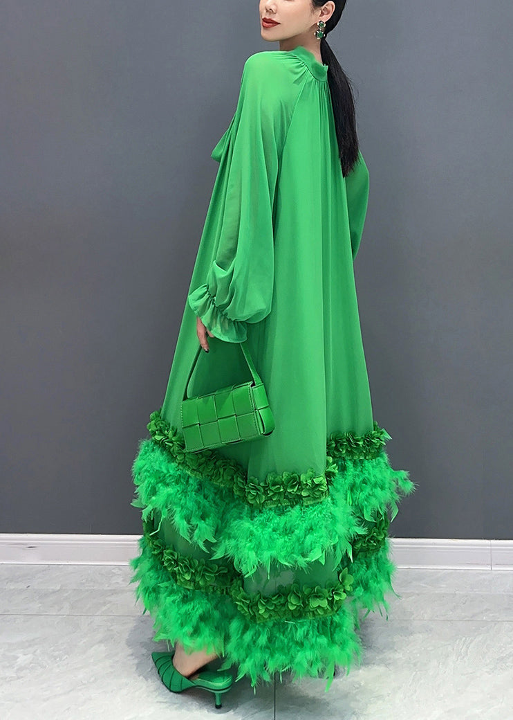 V Neck Tie Front Balloon Sleeve Feather Trim Tiered Maxi Dress