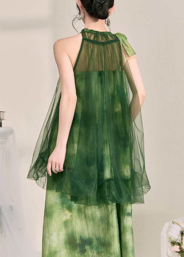 Halter Smocked Ruffle Neck Sheer Tulle Butterfly Print Layered Maxi Dress