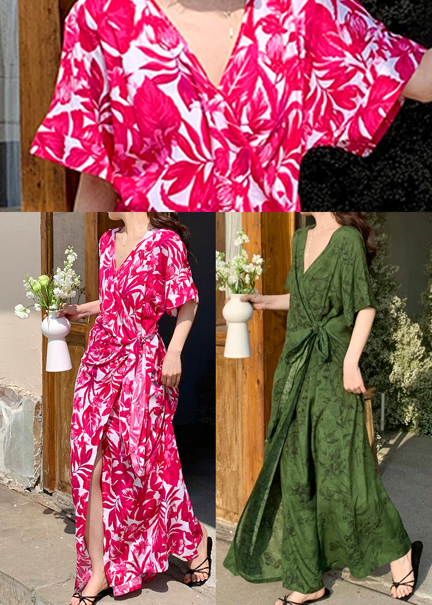 Deep V Wrap Tie Belt Flutter Sleeve Tropical Print Maxi Dress