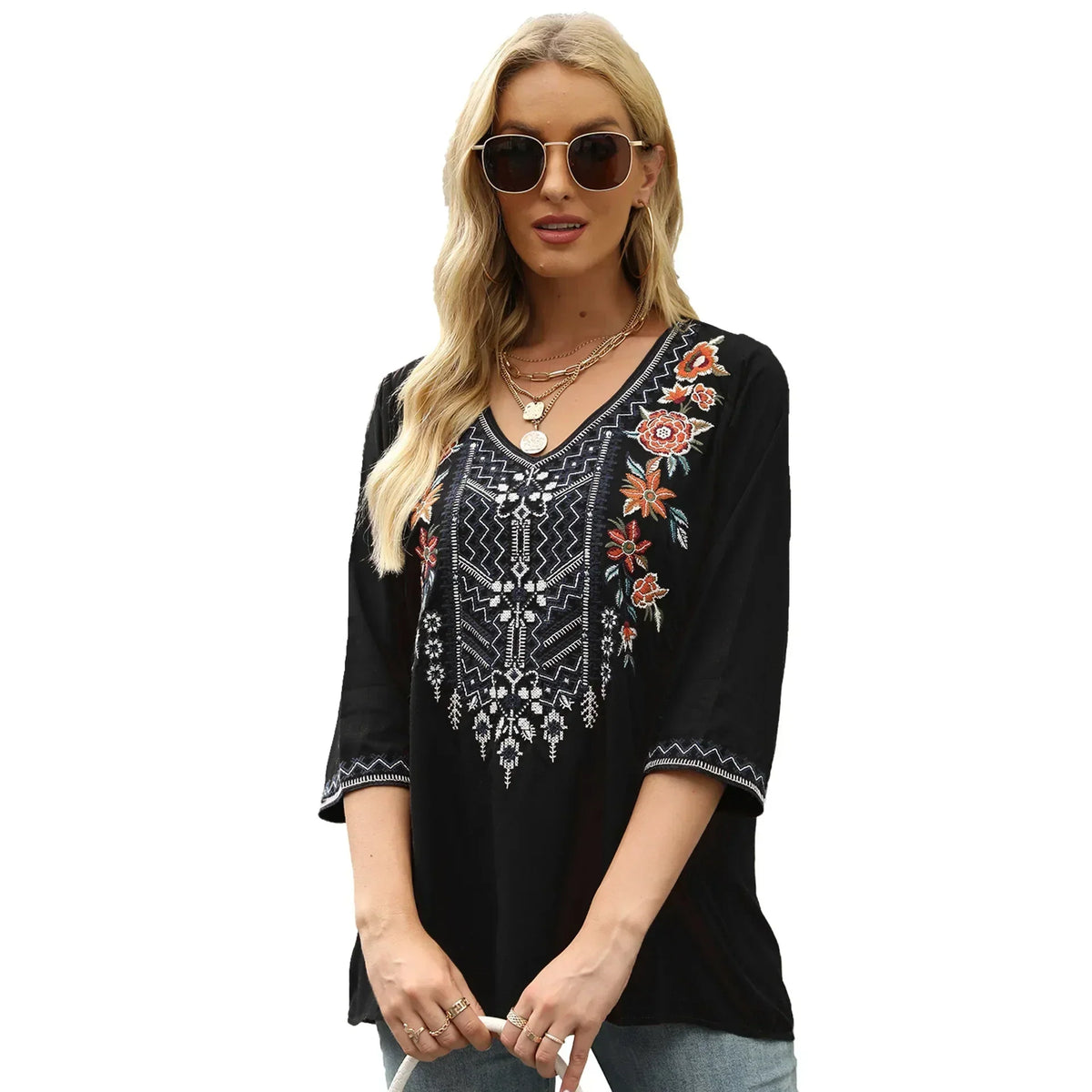 Vintage Floral Embroidery Loose Cotton Long Sleeve Boho Blouse