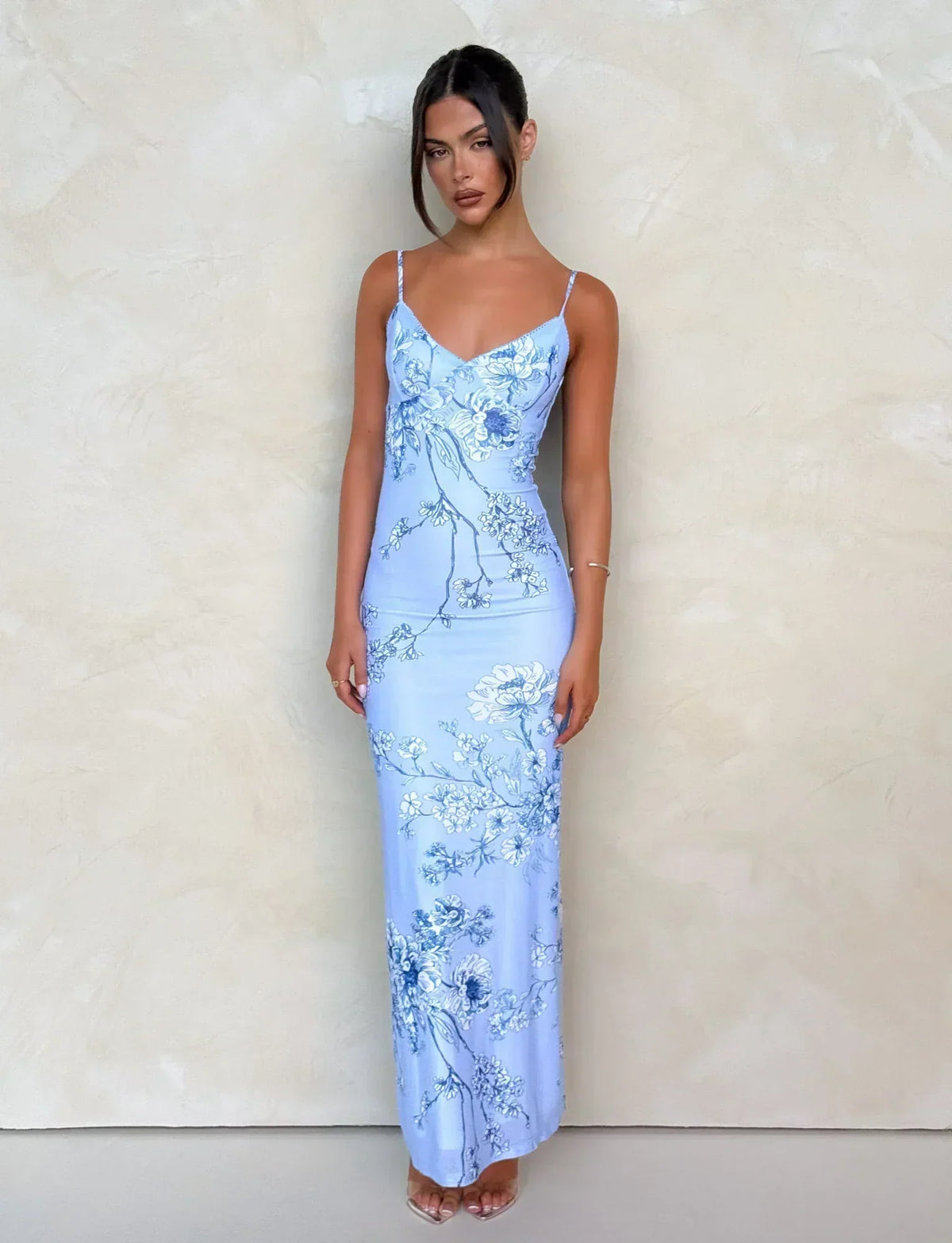 Botanical Floral Print V-Neck Spaghetti Strap Bodycon Maxi Dress