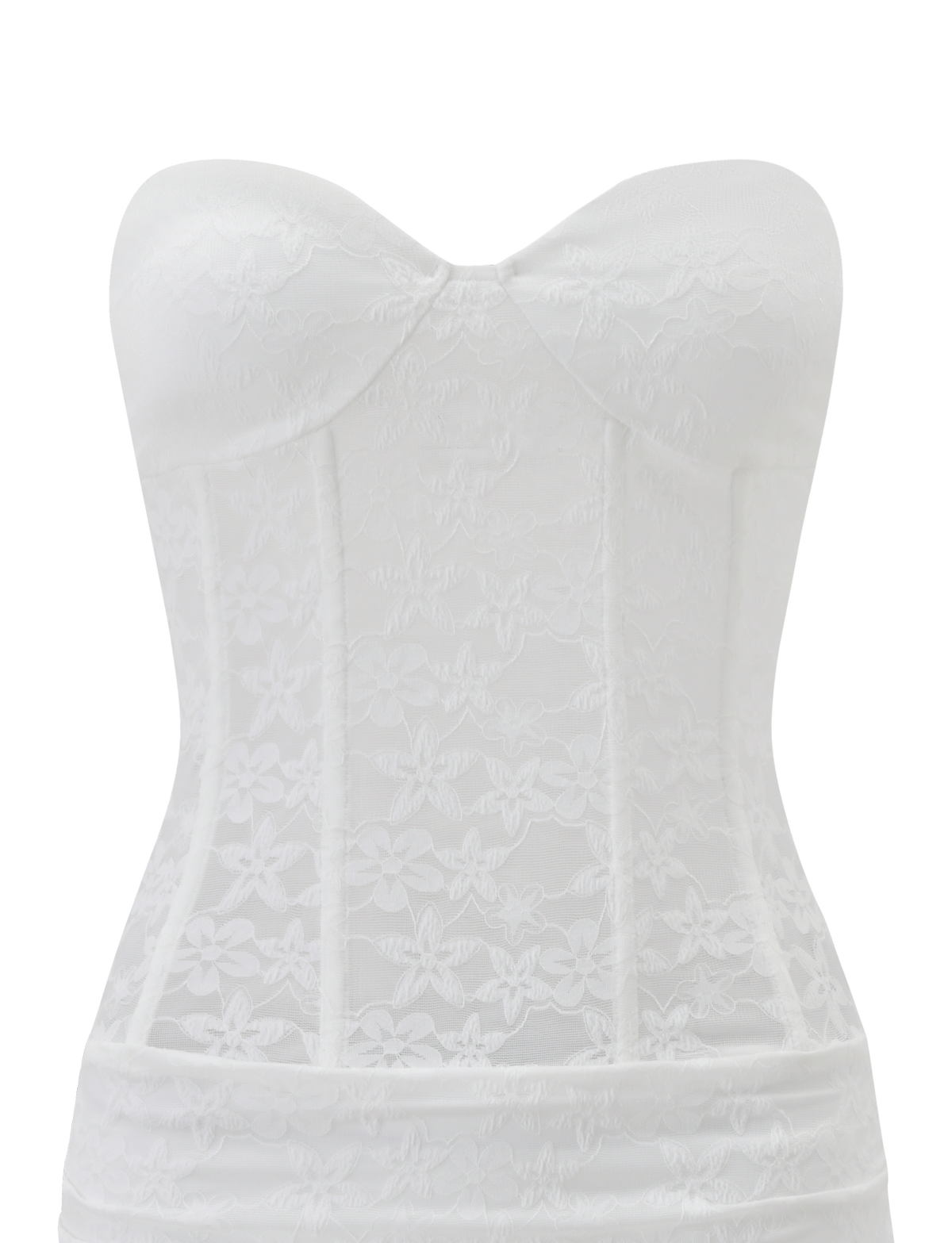 Strapless Floral Lace Corset Boning Ruched Bodycon Mini Dress