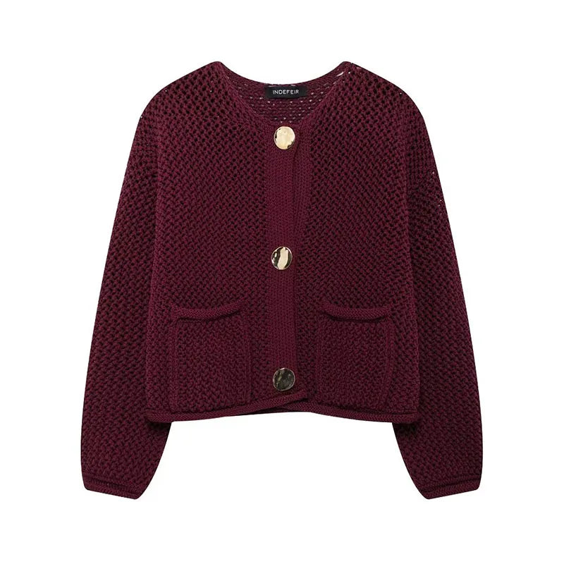 Vintage Stylish Cozy Cropped Wine Red Knitted Button Pocket Sweater