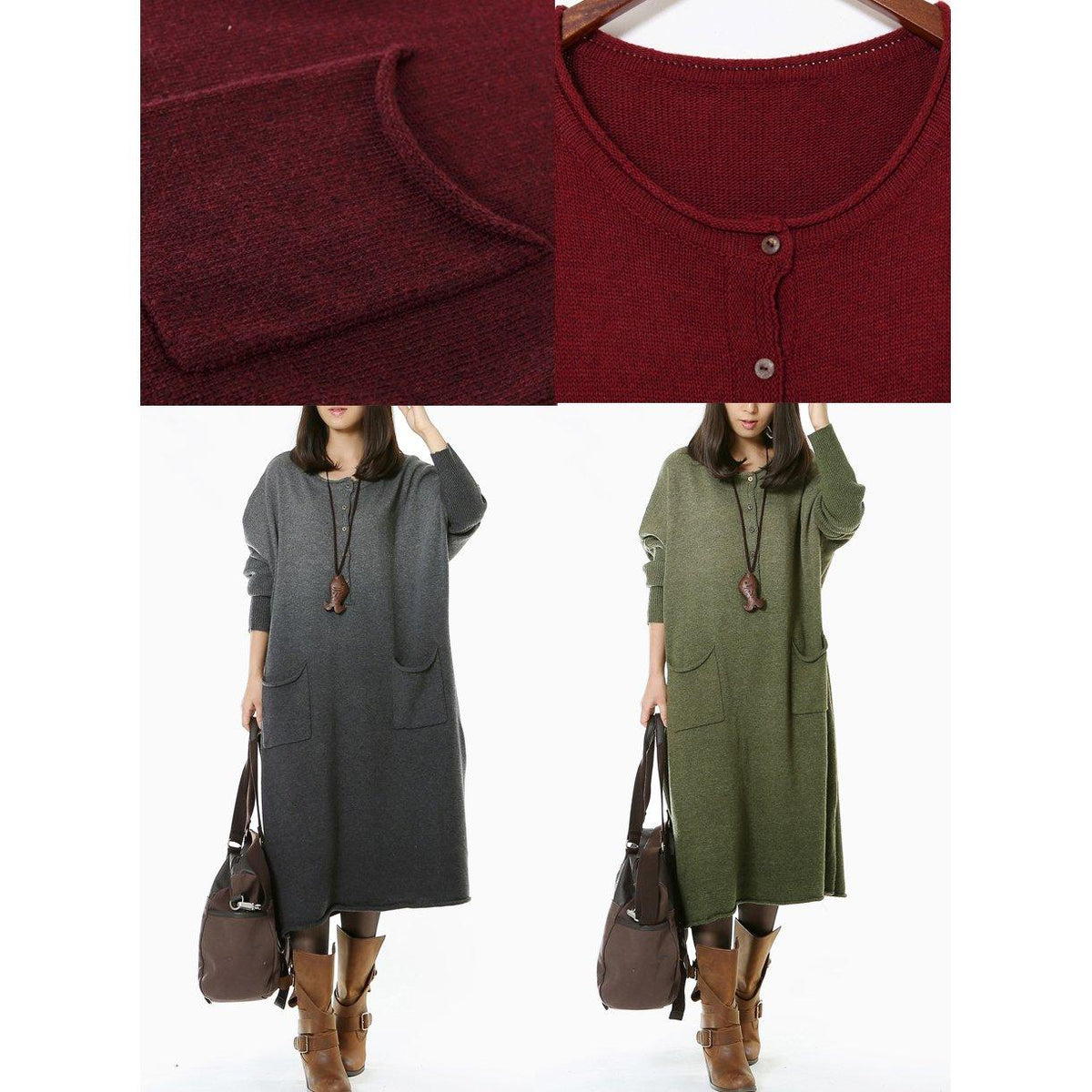 Round Neck Button Placket Patch Pocket Oversized Knit Midi Dress