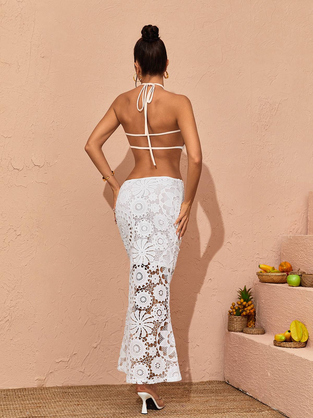Halter Neck Circular Cutout Crochet Mandala Maxi Dress