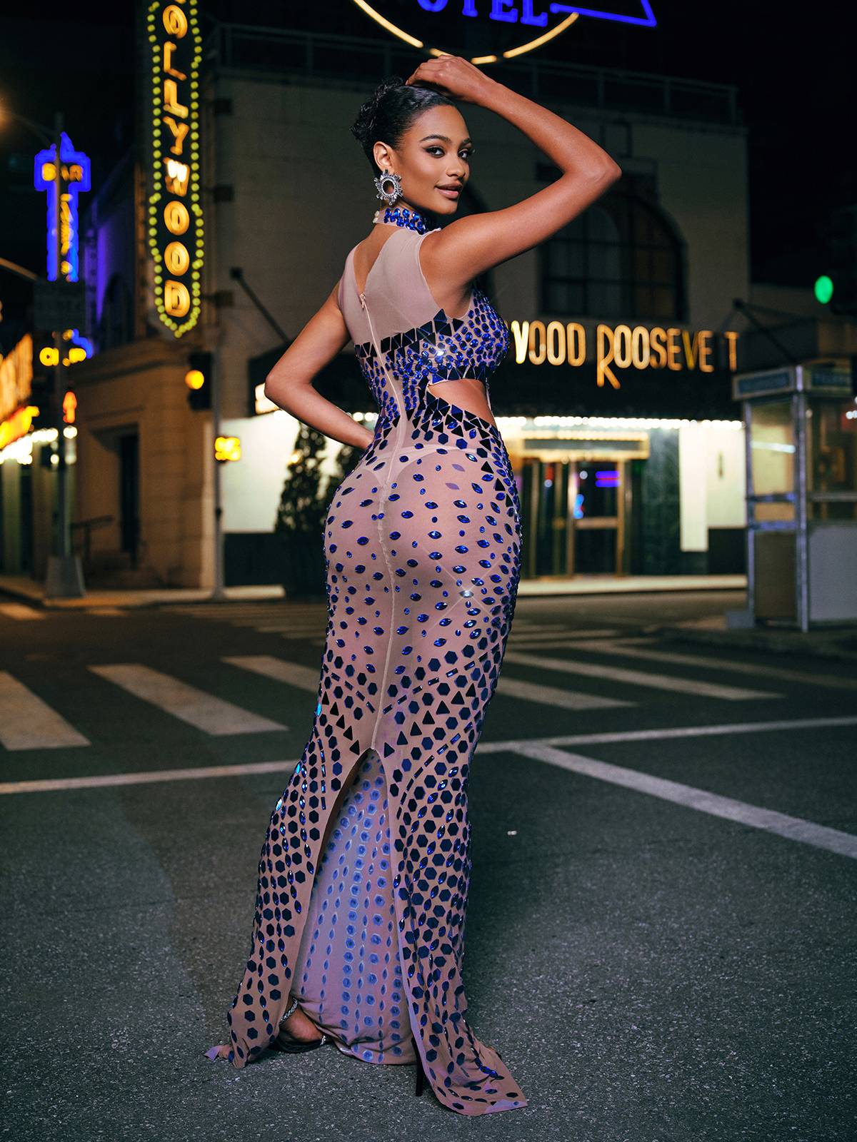 Mock Neck Waist Cutout Mirror Facet Embellished Sheer Mesh Maxi Gown