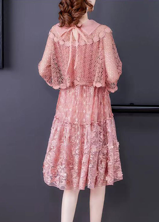 Ruffled Lace Crochet Overlay Floral Embroidered Midi Dress