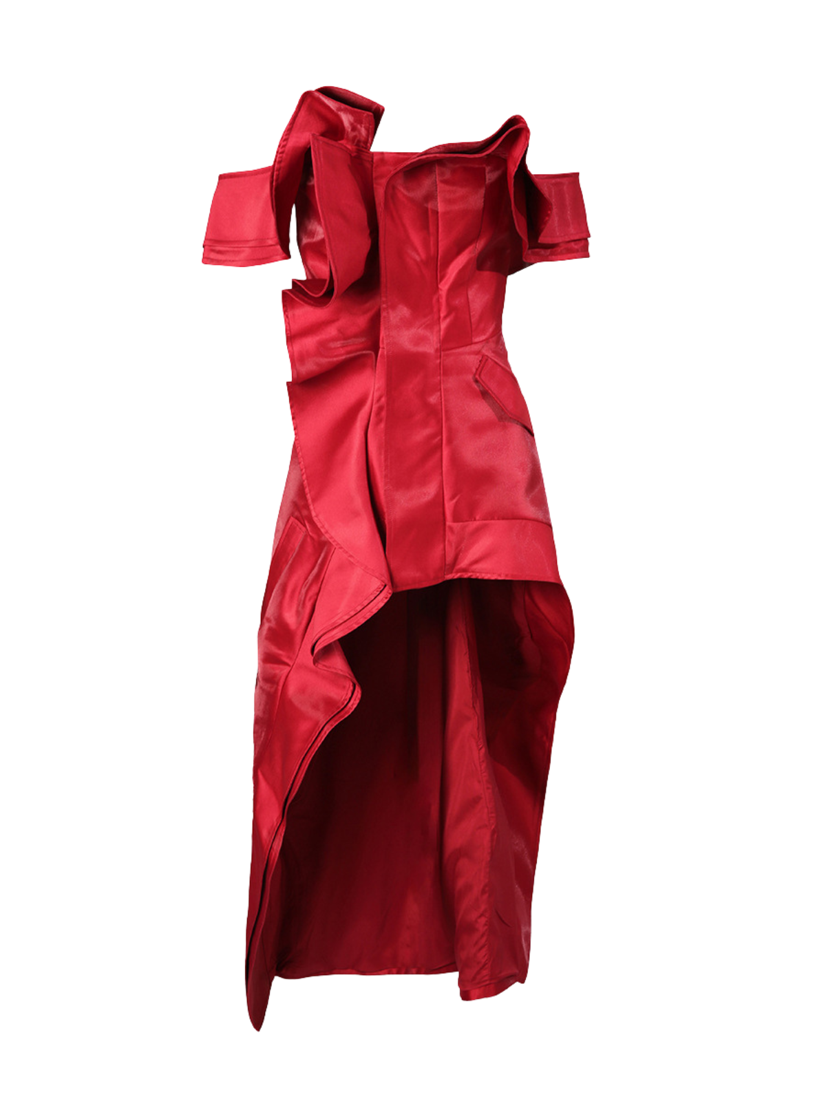 Off Shoulder Center Ruffle High Low Asymmetric Midi Dress