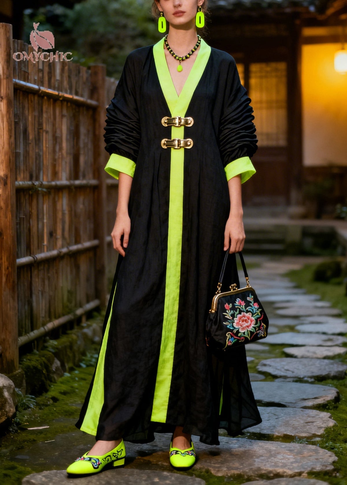 Deep V-Neck Contrast Trim Bar Buckle Ruched Puff Sleeve Satin Maxi Gown