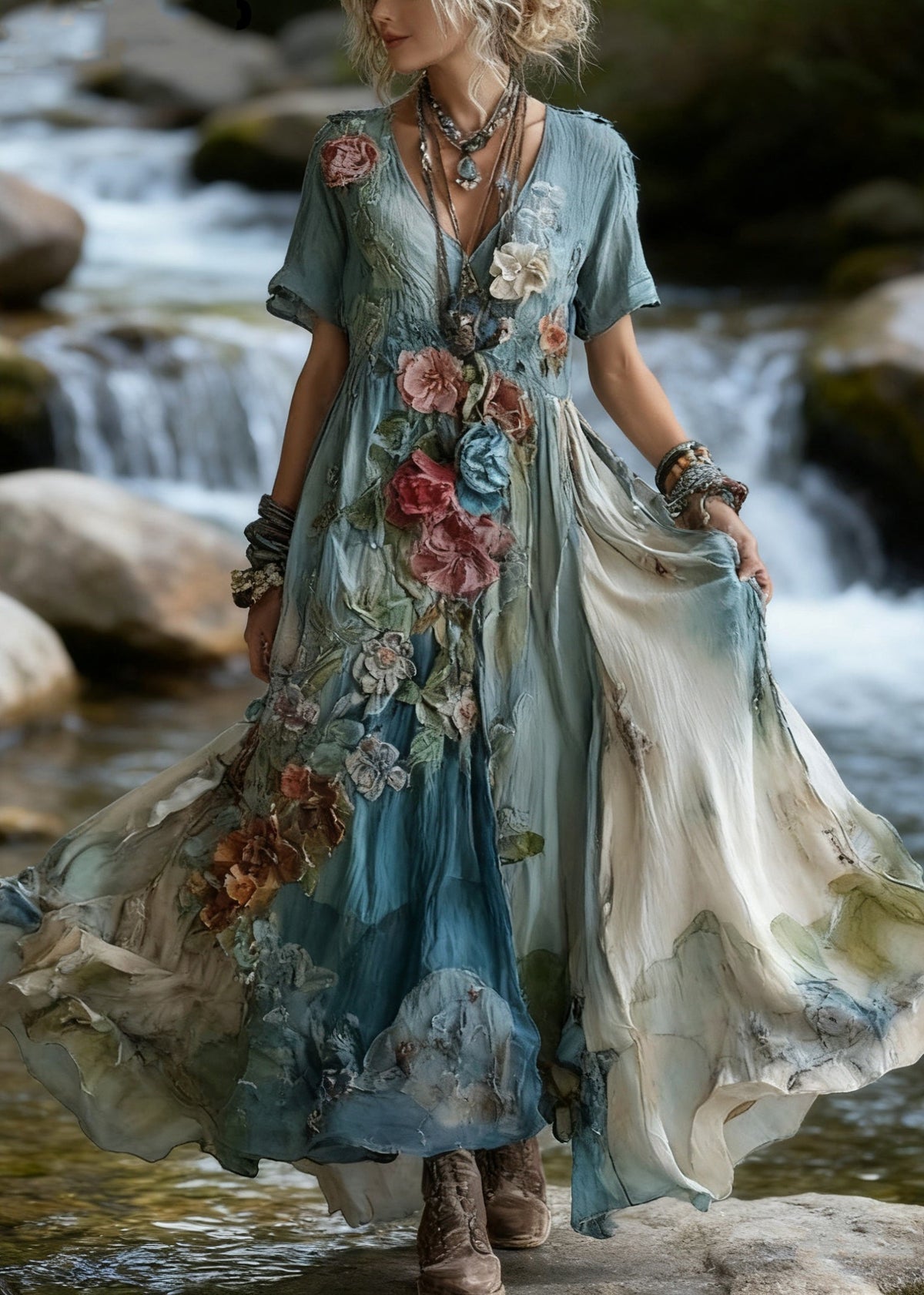 V-Neck Short Sleeve 3D Floral Layered Asymmetrical Hem Maxi Dress