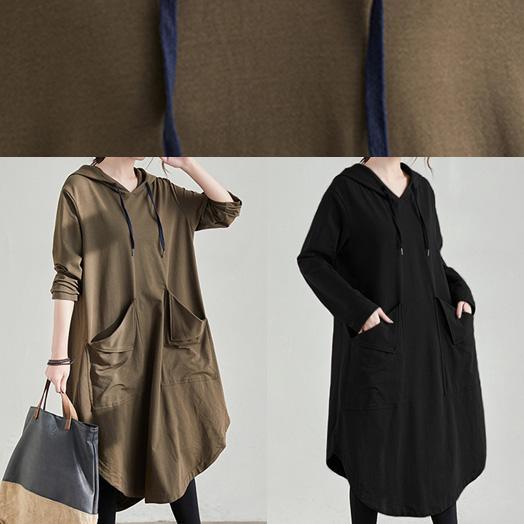 Hooded Drawstring Neck Long Sleeve Angled Pocket Curved Hem Tunic Dress
